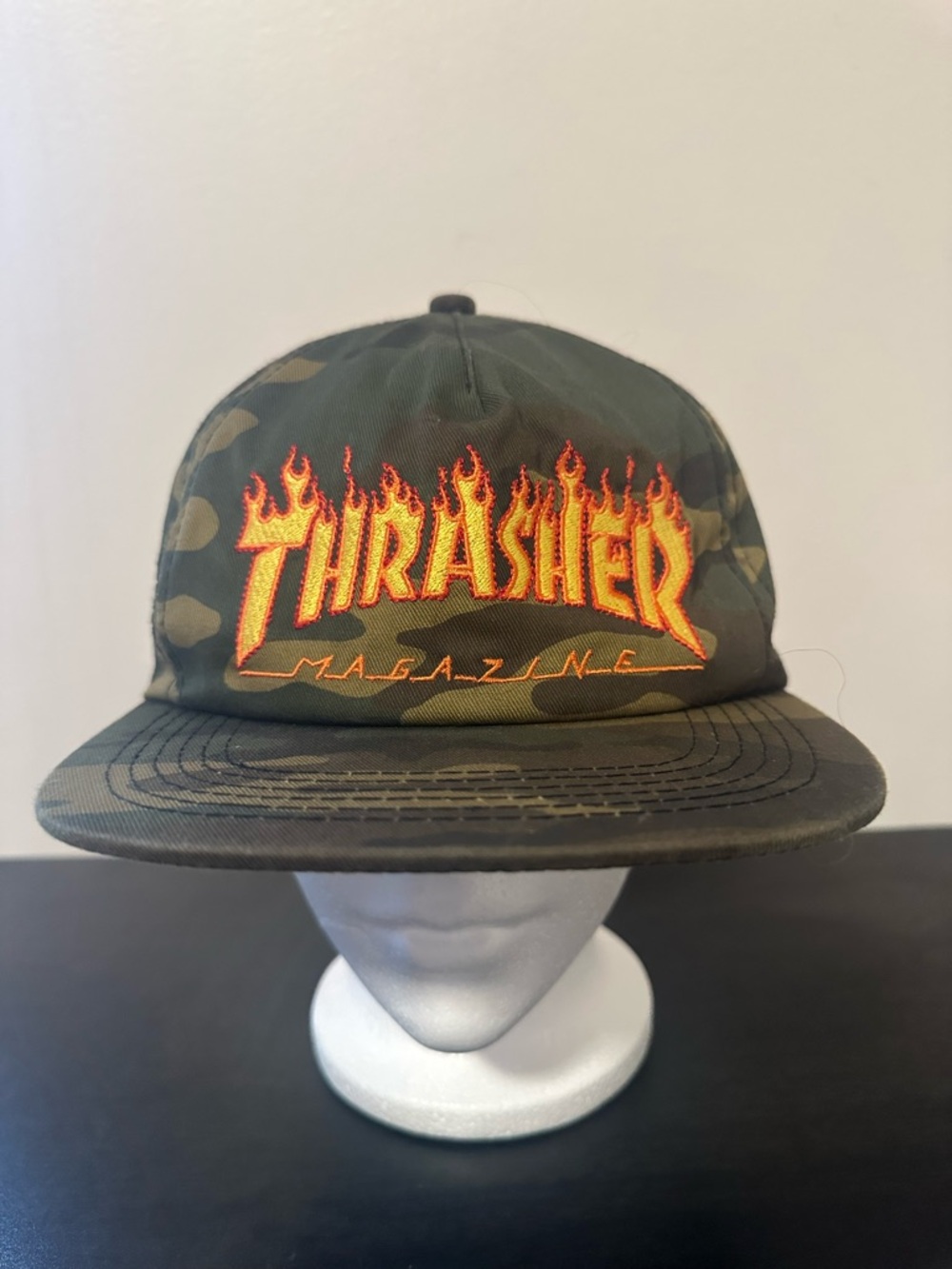 Thrasher Camo Snapback Hat with Flame Logo - Green, Orange, Yellow